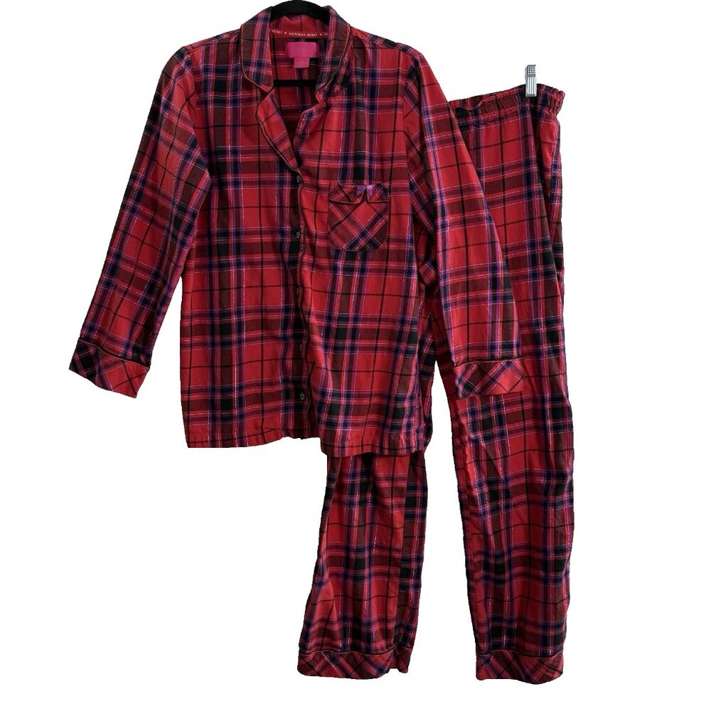 VICTORIA'S SECRET Women Flannel Metallic‎ Plaid Pajama Set Sz M Red Purple 8-10